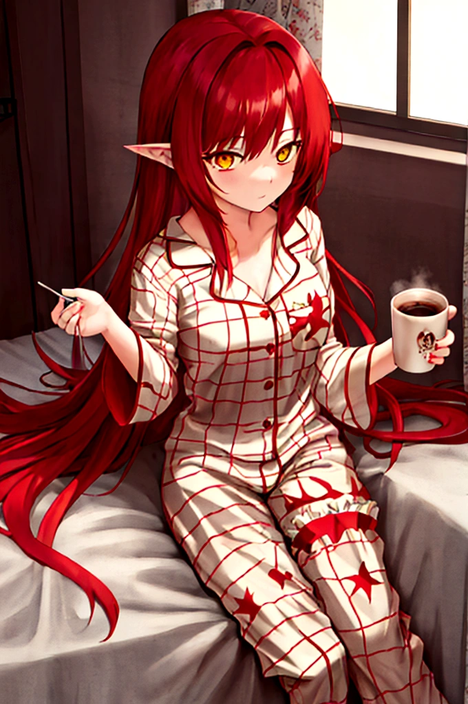 , long hair redhead girl, with red feathered ears and sharp yellow eyes, using rest set,pajamas, cute pajama, with cup of coffee in hand. background of room in the morning, Master pice, full HD, maximum quality.