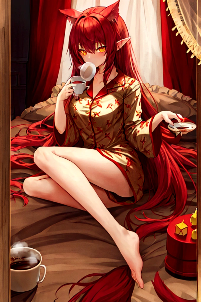 , long hair redhead girl, with red feathered ears and sharp yellow eyes, using rest set,pajamas, cute pajama, with cup of coffee in hand. background of room in the morning, Master pice, full HD, maximum quality.