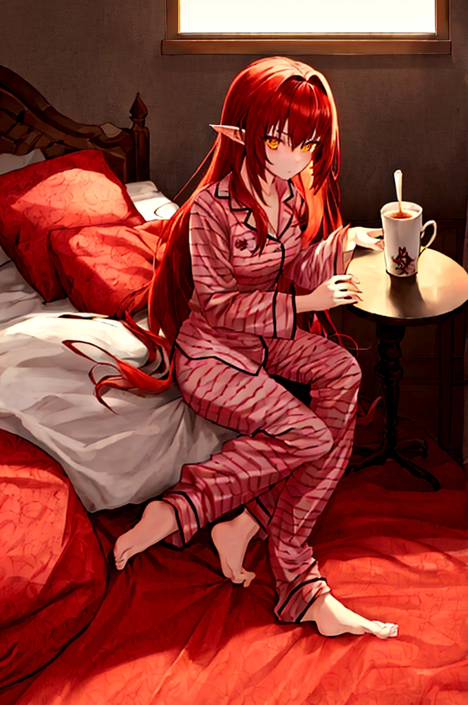 , long hair redhead girl, with red feathered ears and sharp yellow eyes, using rest set,pajamas, cute pajama, with cup of coffee in hand. background of room in the morning, Master pice, full HD, maximum quality.