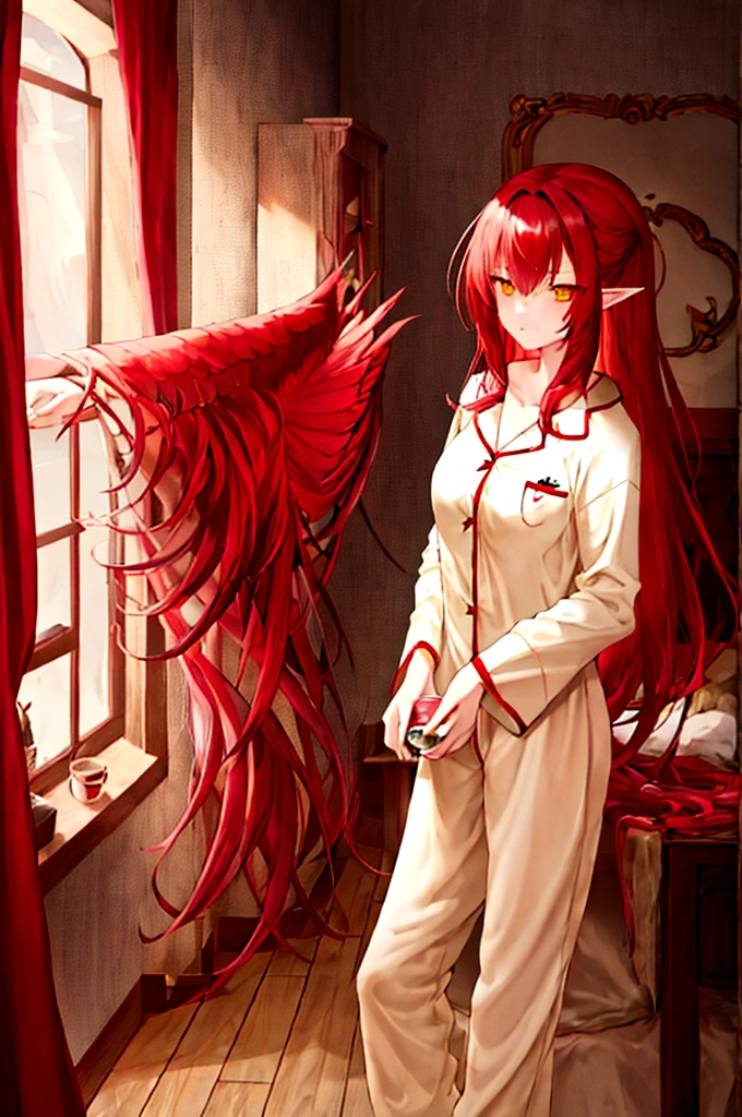 , long hair redhead girl, with red feathered ears and sharp yellow eyes, using rest set,pajamas, cute pajama, with cup of coffee in hand. background of room in the morning, Master pice, full HD, maximum quality.