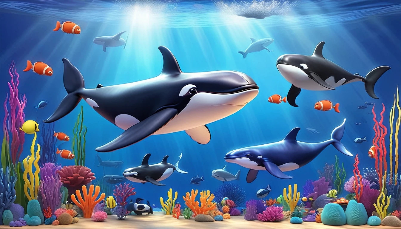 Create a 3-D Pixar style art scene for kids featuring various whales like blue whales, humpback whales, and orcas. The scene should be colorful and vibrant, with an ocean background, coral reefs, and schools of fish. The overall mood should be engaging and inviting for  children.