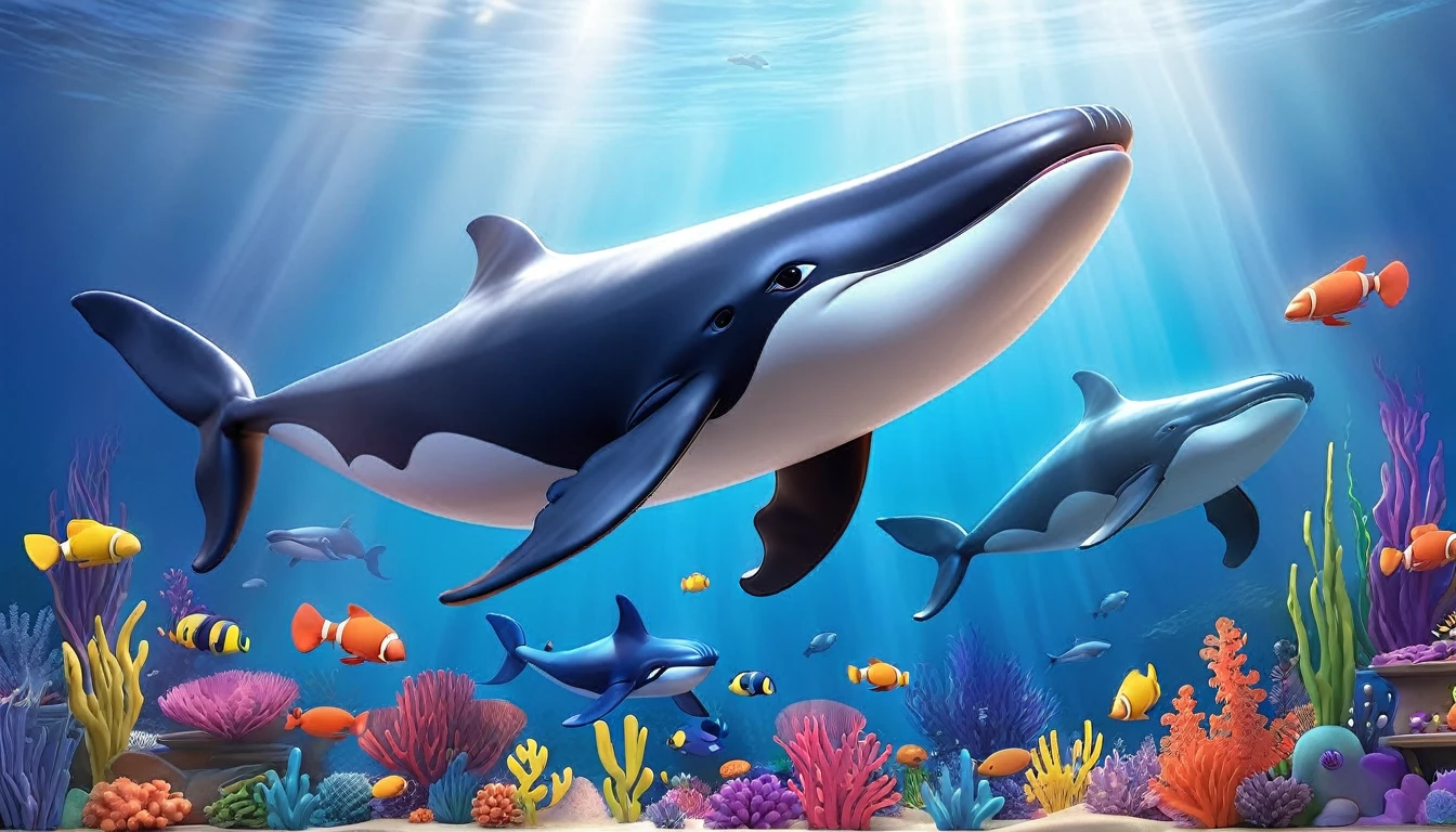 Create a 3-D Pixar style art scene for kids featuring various whales like blue whales, humpback whales, and orcas. The scene should be colorful and vibrant, with an ocean background, coral reefs, and schools of fish. The overall mood should be engaging and inviting for young children.