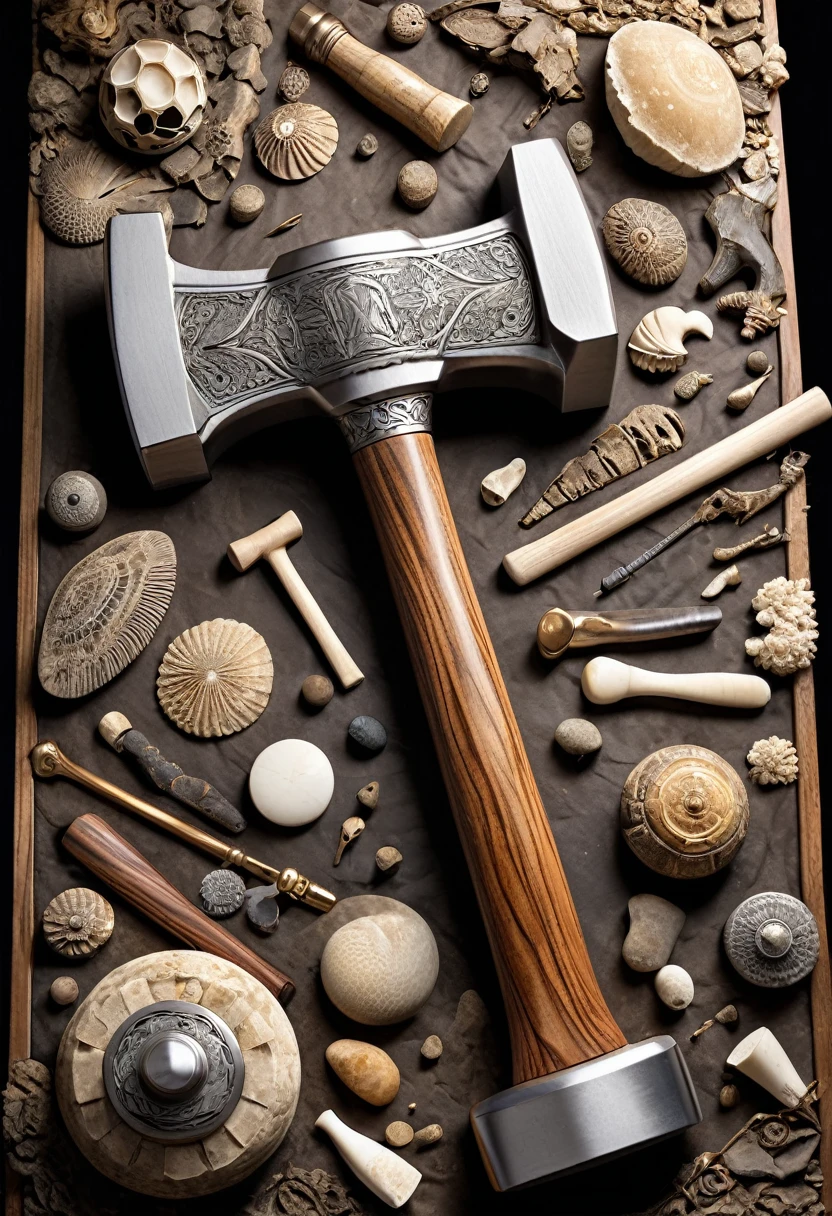 extremely detailed 2 handed hammer made of stone & bone surrounded by fossils