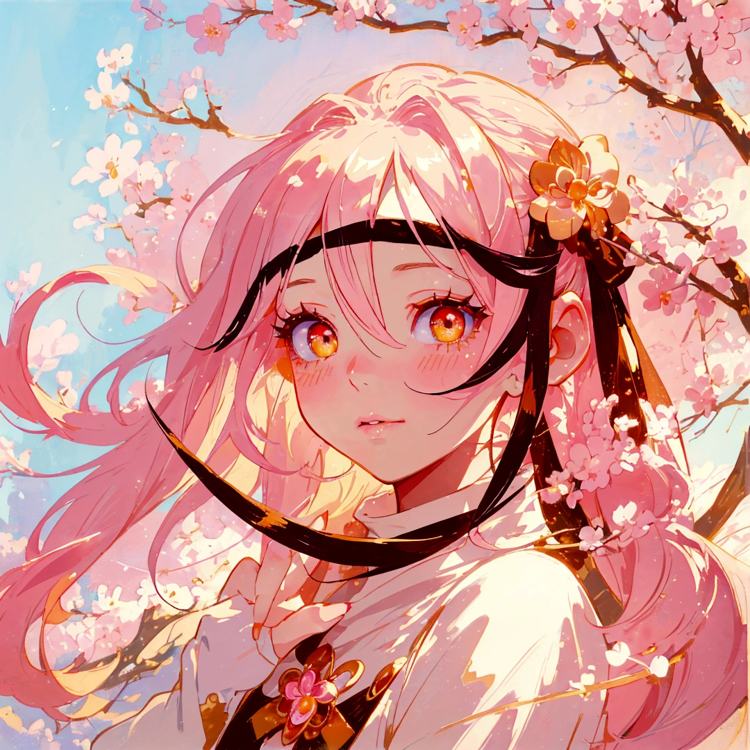 Close-up of a beautiful girl with pink hair and golden eyes,Double ponytails,Long eyelashes,Golden eye shadow,A light blush on the lips。Her hands touch her face,Her fingers are slender,And beautiful long nails。Pastel colors are used for surreal portraiture and fantasy illustrations。Ethereal background provides a cute cartoon design,Gently illuminates the dreamlike picture,Digital art technique showing detailed brush strokes in high resolution in the style of a fantasy illustrator