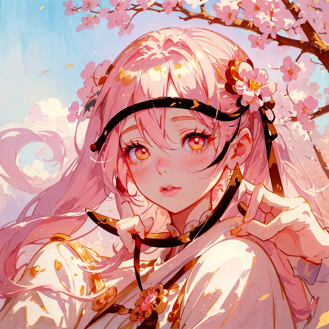 Close-up of a beautiful girl with pink hair and golden eyes,Double ponytails,Long eyelashes,Golden eye shadow,A light blush on the lips。Her hands touch her face,Her fingers are slender,And beautiful long nails。Pastel colors are used for surreal portraiture and fantasy illustrations。Ethereal background provides a cute cartoon design,Gently illuminates the dreamlike picture,Digital art technique showing detailed brush strokes in high resolution in the style of a fantasy illustrator