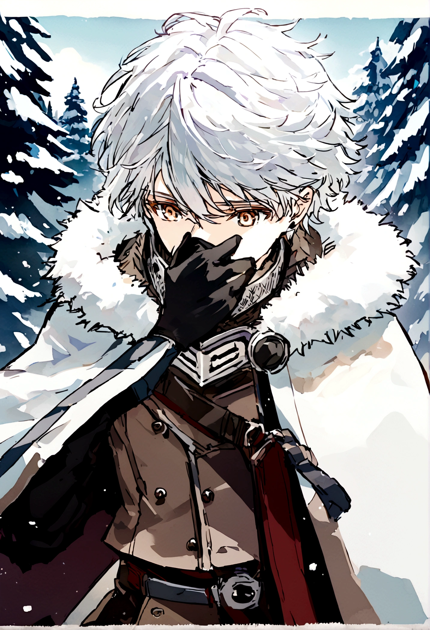 Anime male wearing white thick clothing, white messy hair, white plain helmet mask covering whole face, mask having a black symbol, mask is covering all mouth, eyes, chin, nose, and forehead