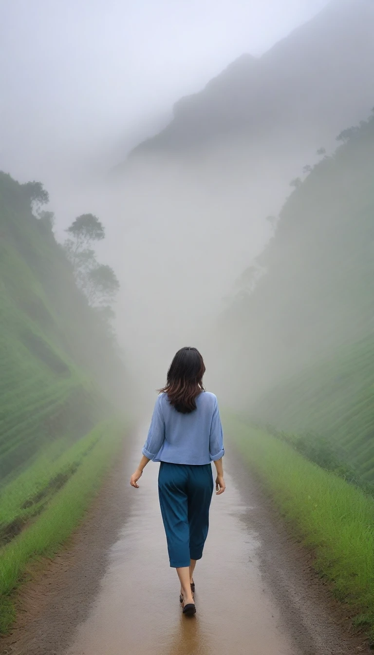 Beautiful Korean Woman, Chest size 34 inches, Wearing high-end luxury brand sleeveless and high-quality casual pants., Foggy scenery of Sapa, Vietnam, I can see the trail, Short and medium hair blowing in the wind, Taken from a distance with a wide angle lens, Realistic living landscape, Front photo facing the camera, best picture quality, Short medium hair blowing in the wind, smile brightly, A thick fog obscures the front, Standing on a very narrow mountain path, Slightly medium hair blowing in the wind, , hair blowing in the wind, Look at the front camera, The mountain road is very narrow. It is a very small mountain road., Front photo of people walking from afar