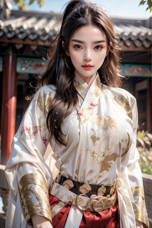 ((You are a beautiful woman.)), Fei Yu_robes, hips up, Scenery of ancient Chinese houses, Evening, red mouth, High nose, big breasts, red cloth, Gold Embroidery, black embroidered gold, dark red hair, high ponytail, depth of field, สาวสวยกับdetailsที่สวยงาม, European face, ดวงตาและใบหน้าที่Very detailed，robesdetailsมาก, The resolution is incredibly ridiculous.， hugeFilesize， ไฮเปอร์details， High resolution， Very detailed， best quality， Masterpiece, The resolution is incredibly ridiculous., illustration， มีdetailsและสวยงามเป็นพิเศษ，official art, Very detailed， CG， unity， 8k wallpaper， Surprisingly， details， Masterpiece， Highest quality, วอลล์เปเปอร์ CG unity 8k ที่มีdetailsมาก（Perfect shiny skin：0.6）Best shots)), ((Masterpiece)), (details),