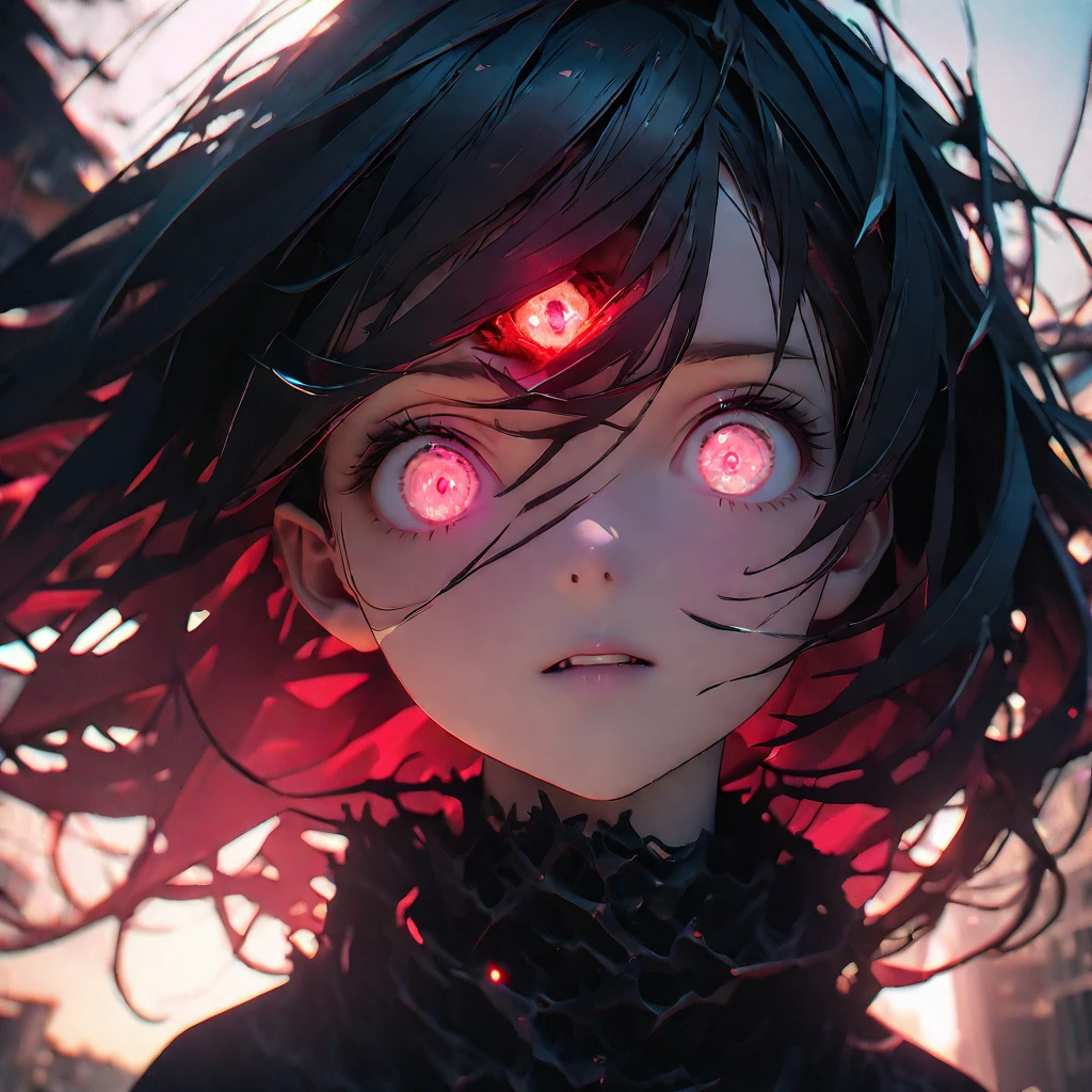 (8K, RAW Photos, Highest quality, masterpiece: 1.4), Ultra-high resolution, Very detailed, Light, Upper body close-up, One girl, White eyes, (Eyes of Terror, Shining eyes:1.2), That's horrible,dark, High Quality Shadows, Natural light, (White highLights:1.2), night, cloudy day, (at home:1.2), (floating:1.2),moody, special effects, light particles, chromatic aberration, shallow depth of field, film, filmic, casting shadow, dark, grin, dynamic pose,