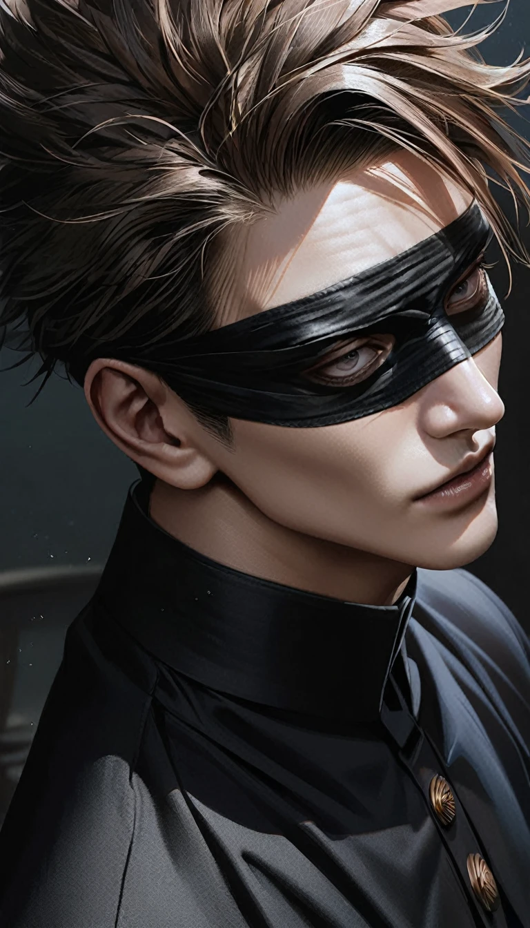 1 male gojo jujutsu Kaisen with formal dresses up look ahead background light with black blindfold realistic high detailed