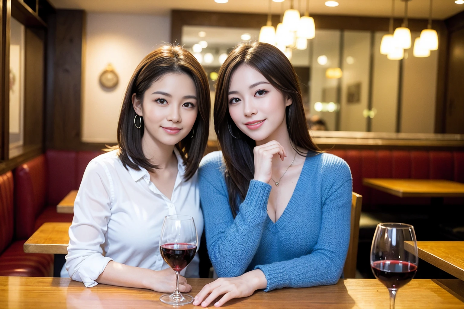 ((Highest quality、8K、masterpiece:1.3))、Yuuko Araki、slimカップル、ピンクmodelカップル、(Realistic, Intricate details:1.2), full-course dinner、Wine Party、Amazing view of the sunset sky and clouds、A bright smile、The wonderfulness of smile、Bright image、The beauty of wine, Beautiful Face, blue eyes, The light shines on your face, Blushing, short hair,Bright Face、42 years old,45 years old, red wine 、Appetizers、Italian food、Wine bottle、Champagne、sparkling wine、Two beauties、Brown Hair、Shortcuts、Long sleeve shirt、dress、Beautiful woman 1, (slimな顔), (The body is slim), (Brown Hair), (Shortcuts), cheeks turn a little red,Attractive beauty、restaurant, In a prominent place (From the waist up) Nova Frog Style, actress, model, Upper Body, White wine, slim, wine glass, 中央に置かれたwine glass, smile, (smile: 1.15), Beautiful fine grain, Depth f/2,saturation, High Contrast, Strong light and shadow,Moist Body:1.5、3D texture、Delicate eyes、Brown Hair、The hair is very shiny、