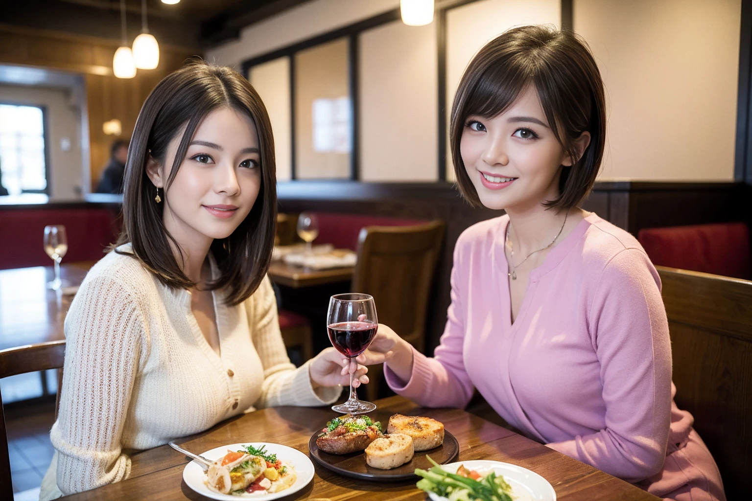 ((Highest quality、8K、masterpiece:1.3))、Yuuko Araki、slimカップル、ピンクmodelカップル、(Realistic, Intricate details:1.2), full-course dinner、Wine Party、Amazing view of the sunset sky and clouds、A bright smile、The wonderfulness of smile、Bright image、The beauty of wine, Beautiful Face, blue eyes, The light shines on your face, Blushing, short hair,Bright Face、42 years old,45 years old, red wine 、Appetizers、Italian food、Wine bottle、Champagne、sparkling wine、Two beauties、Brown Hair、Shortcuts、Long sleeve shirt、dress、Beautiful woman 1, (slimな顔), (The body is slim), (Brown Hair), (Shortcuts), cheeks turn a little red,Attractive beauty、restaurant, In a prominent place (From the waist up) Nova Frog Style, actress, model, Upper Body, White wine, slim, wine glass, 中央に置かれたwine glass, smile, (smile: 1.15), Beautiful fine grain, Depth f/2,saturation, High Contrast, Strong light and shadow,Moist Body:1.5、3D texture、Delicate eyes、Brown Hair、The hair is very shiny、