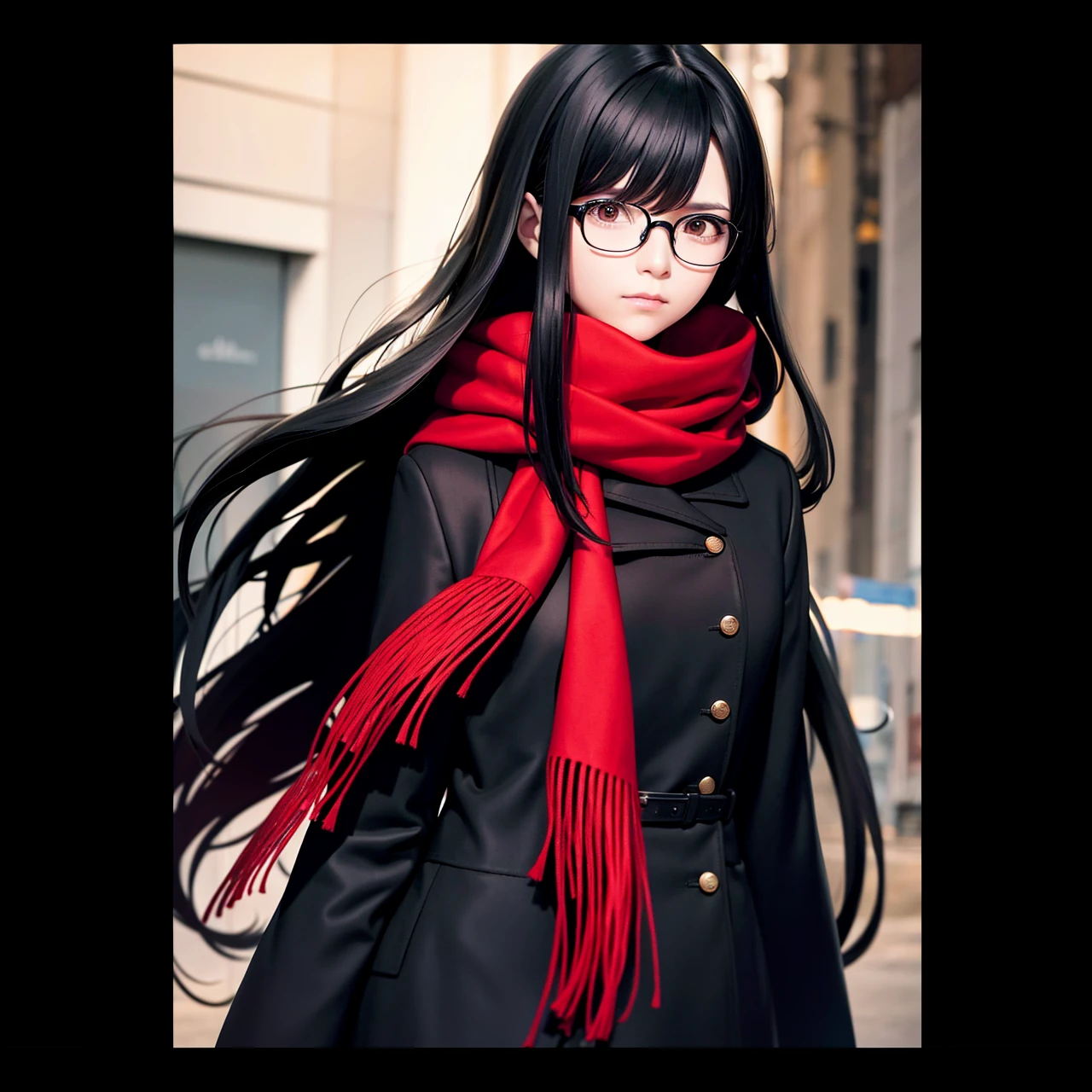 A girl with long black hair with a side hairstyle, closed black jacket red scarf, with glasses, oval shaped car