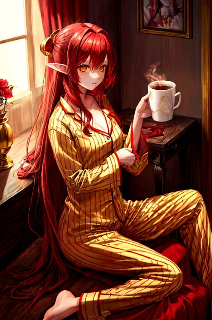 , long hair redhead girl, with red feathered ears and sharp yellow eyes, using rest set,pajamas, cute pajama, with cup of coffee in hand. background of room in the morning, Master pice, full HD, maximum quality.