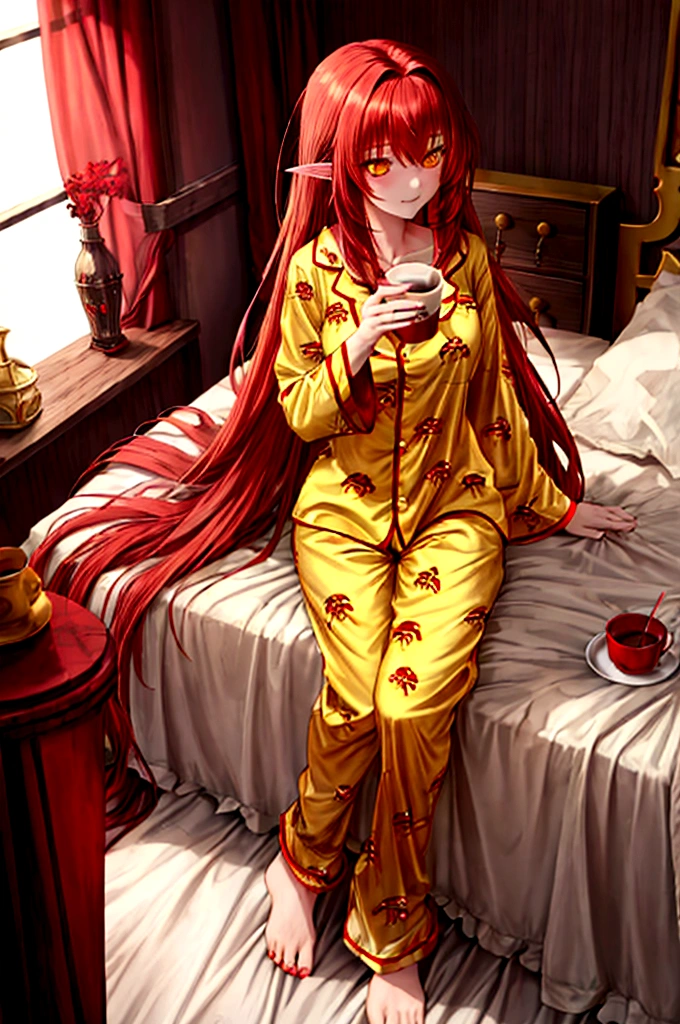 , long hair redhead girl, with red feathered ears and sharp yellow eyes, using rest set,pajamas, cute pajama, with cup of coffee in hand. background of room in the morning, Master pice, full HD, maximum quality.