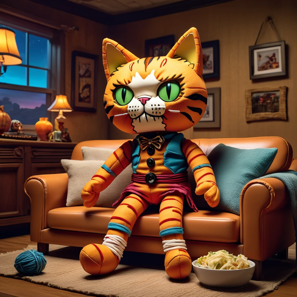 (knitted toy voodoo doll:1.6), (Voodoo Doll in a Garfield Setting:1.3), (Clothing: cozy cat outfit with lasagna prints:1.0), (Accessories: enchanted lasagna emitting a delicious glow, floating comic strips:1.1), (background: cozy suburban home with a comfy couch, playful pets, and an atmosphere of lazy humor:1.2), best quality, masterpiece, detailed soft oil painting, detailed background, dramatic cinematic lighting, soft edge lighting, professional, dramatic lighting, hard edge lighting, ultra quality, 4k,masterpiece, best quality, 8k, ultra highres, highres, extremely detailed