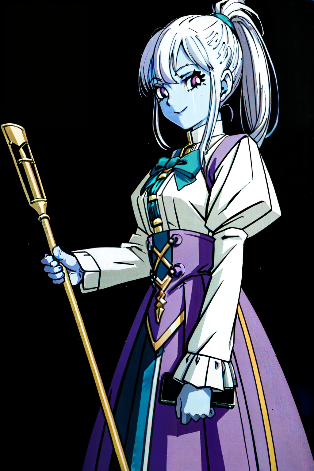 (extremely detailed CG unity 4k wallpaper),(masterpiece),(ultra quality),(ultra-detailed),(best illustration),(best shadow),(absurdres),(detailed background), 1girl, staff, long white hair, solo, hair in a loose braid, colored skin, high ponytail, white hair, purple eyes, long sleeves, holding staff, ponytail, holding, (blue skin:1.3), looking at viewer, purple lips, medium length hair