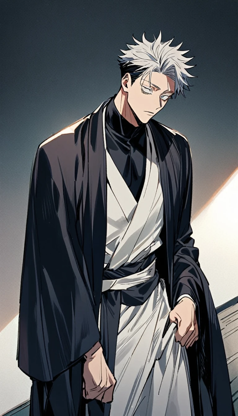 1 male gojo jujutsu Kaisen with formal robes, look towards'Before, background light with black strip
