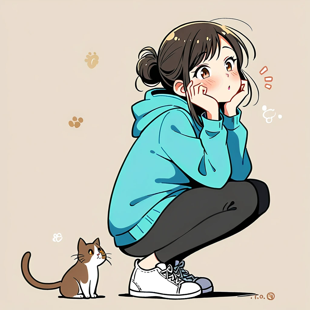 1 Girl, blush, Black Hair, Long sleeve, Brown eyes, shoe, Pants, hood, Hair Bun, from the side, hoodie, contour, animal, black Pants, Squat, single Hair Bun, Two cats,A long-haired cat，A fat cat， hood down, 运动shoe, 粉色shoe类, Put your hands on your face, Put your hands on your cheeks, blue hoodie