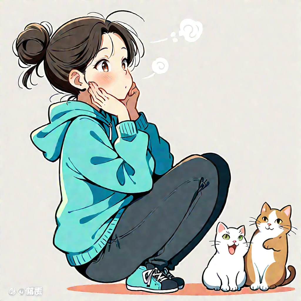 1 Girl, blush, Black Hair, Long sleeve, Brown eyes, shoe, Pants, hood, Hair Bun, from the side, hoodie, contour, animal, black Pants, Squat, single Hair Bun, Two cats,A long-haired cat，A fat cat， hood down, 运动shoe, 粉色shoe类, Put your hands on your face, Put your hands on your cheeks, blue hoodie