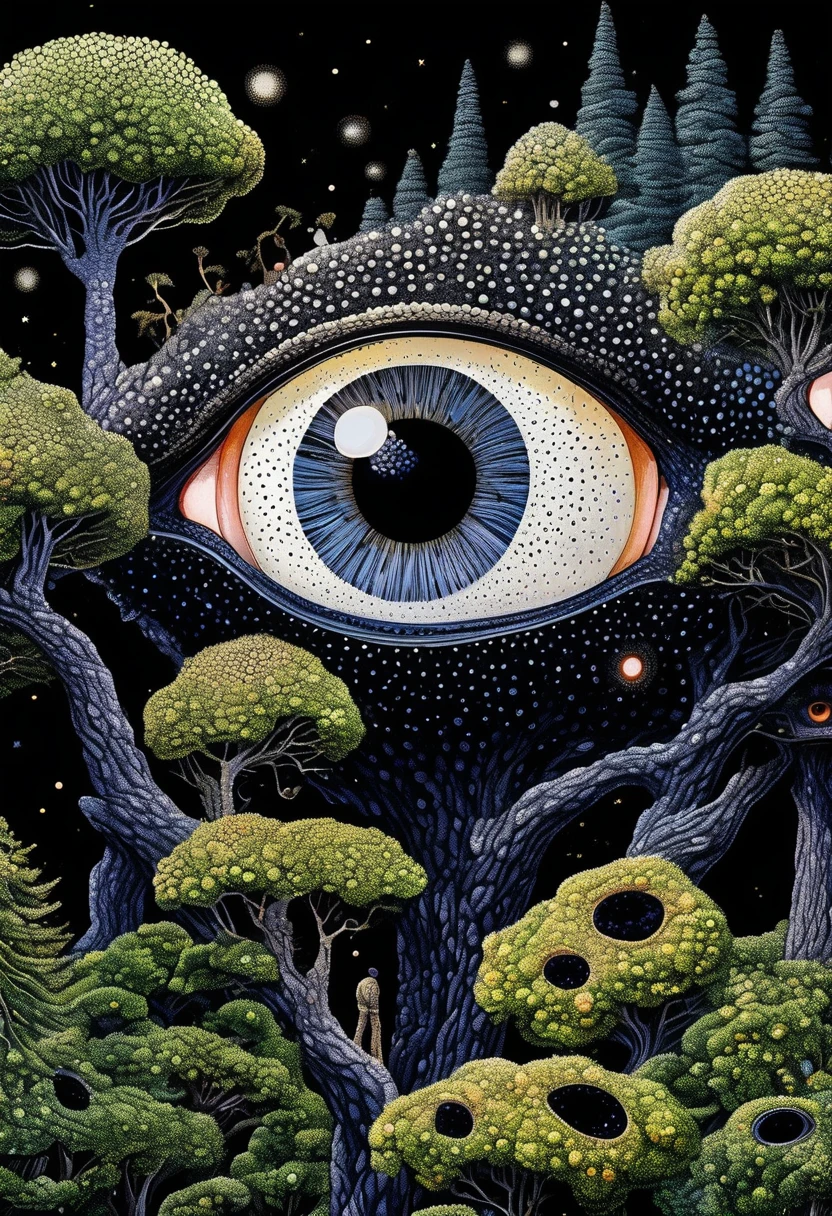 Strange illustration，Pointillism method，Trypophobia，Building on tree tops，Eye，unrealistic，Strong visual impact，black background，Star