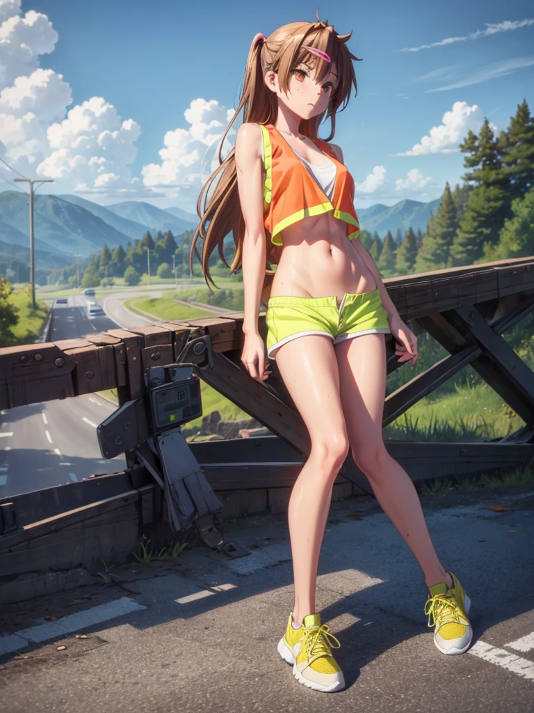Girl, short short, Unbuttoned safety Reflective vest on a naked body , You can see her breasts, Road works  background , openlegs, Bare chest, small breast, slim body, slim legs, wet body, Sneakers 