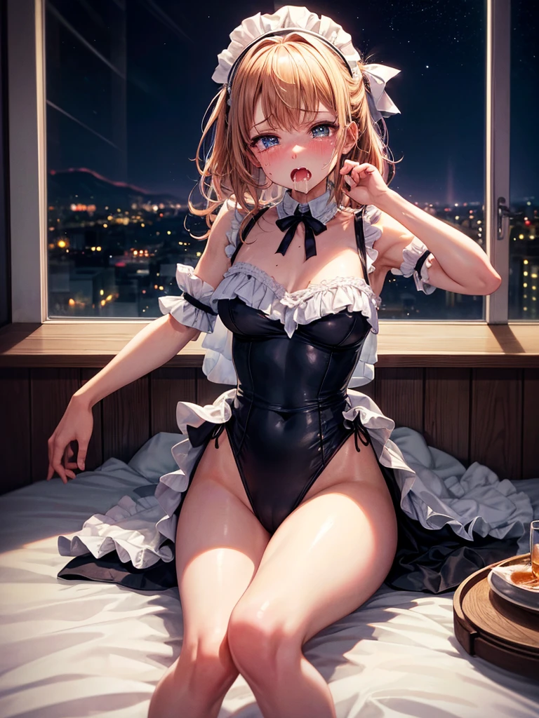 Highest quality,Highest Resolution,A crying beauty in a maid leotard,Tears,(((Open your mouth wide and spit a lot))),Drink a drink,Bedroom,Night view outside the window,High leg,Tback,whole body,Very beautiful eyes,Sweating profusely,