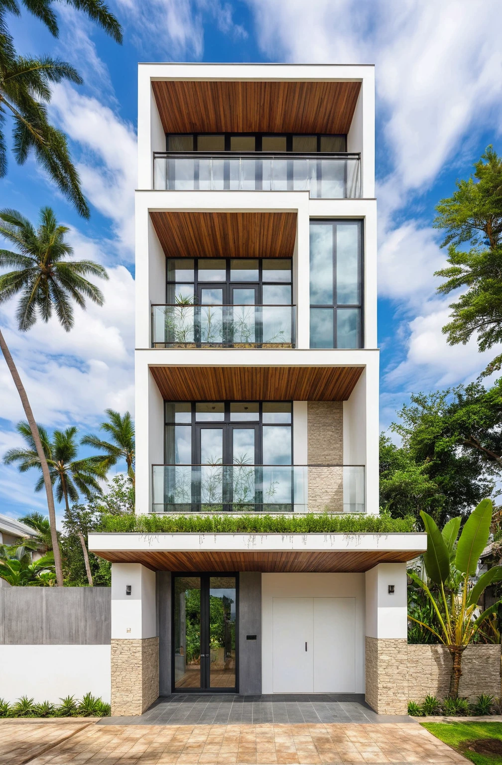 A 2-story house in Da Lat, captured in crisp morning light. This modern abode showcases a mix of white paint, expansive glass, concrete and wooden accents, surrounded by greenery and stone details. Crafted by Vo Trong Nghia, the house exudes a peaceful and elegant space, perfectly suited to its landscape location.