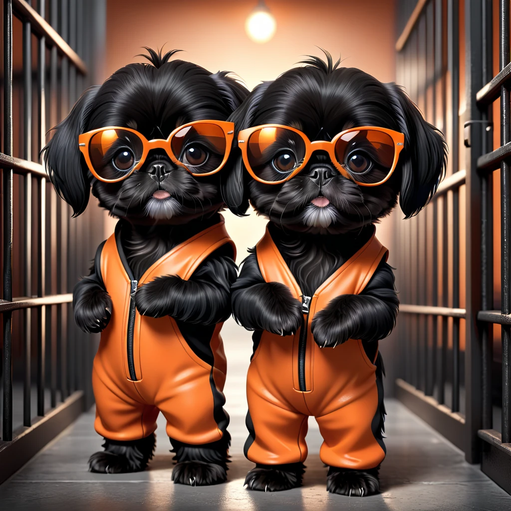 2 Adorable small black Shih Tzu puppies wearing orange and black jumpsuit sunglasses in jail 3d cartoon 3d render disney pixar style