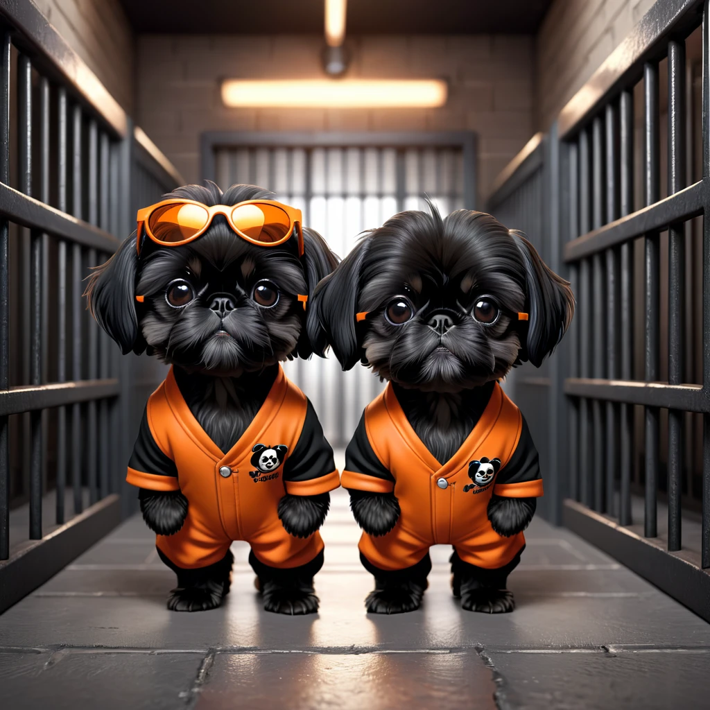 2 Adorable small black Shih Tzu puppies wearing orange and black jumpsuit sunglasses in jail 3d cartoon 3d render disney pixar style