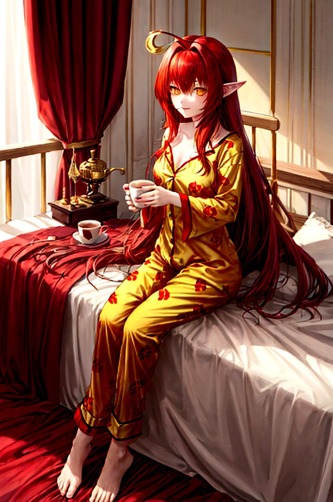 , long hair redhead girl, with red feathered ears and sharp yellow eyes, using rest set,pajamas, cute pajama, with cup of coffee in hand. background of room in the morning, Master pice, full HD, maximum quality.