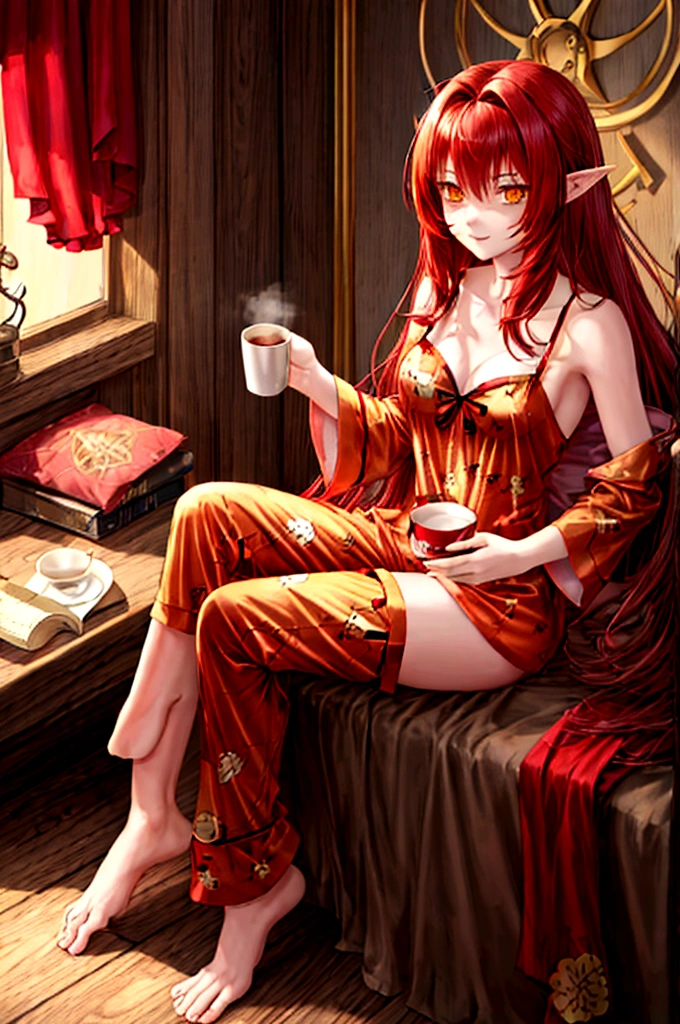 , long hair redhead girl, with red feathered ears and sharp yellow eyes, using rest set,pajamas, cute pajama, with cup of coffee in hand. background of room in the morning, Master pice, full HD, maximum quality.