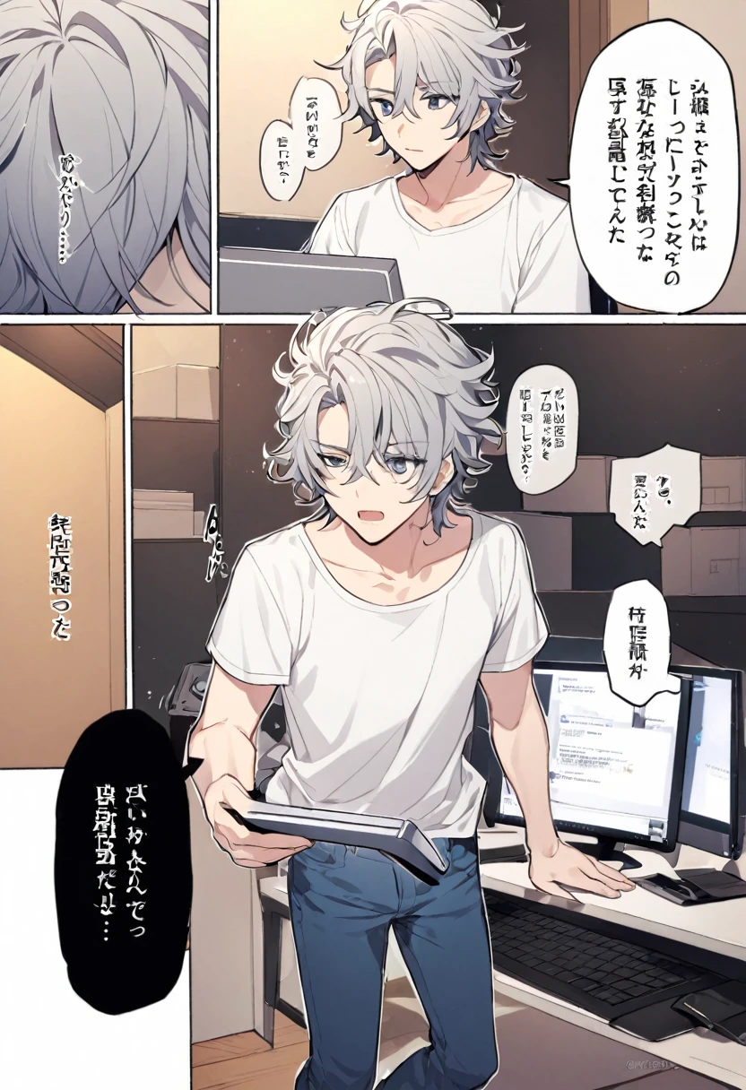 A silver-haired boy, holding a computer, messy hair, wearing jeans and a white T-shirt. If you ask him about something you don't understand about the computer, he will explain it to you politely. Please make a comic version of this story and also create speech bubbles for comments.