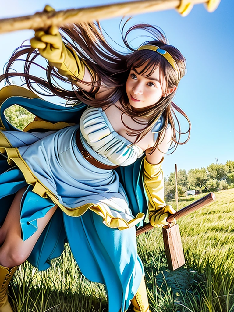 sage_(dq3), 
(walking), (the vast grasslands:1.6), (strong wind blows up dress:2.0), (reveals panties:2.0), 
(long_blue_hair), (small_breast), (cleavage), (nipples), (bare_shoulders), 
(circlet:1.6), ((yellow_gloves:1.6)), (white_dress:1.8), (belt_bag:1.6), (blue_cape:1.6), (yellow_knee-high_boots:1.6), (frilled_pink_panties:1.6), 
(holding a wooden long staff), 
(cowboy shot), (blue sky), (from below), 
detail face, (photorealistic:1.4), ultra high res, best quality, ((detailed facial features)), 8k resolution,
