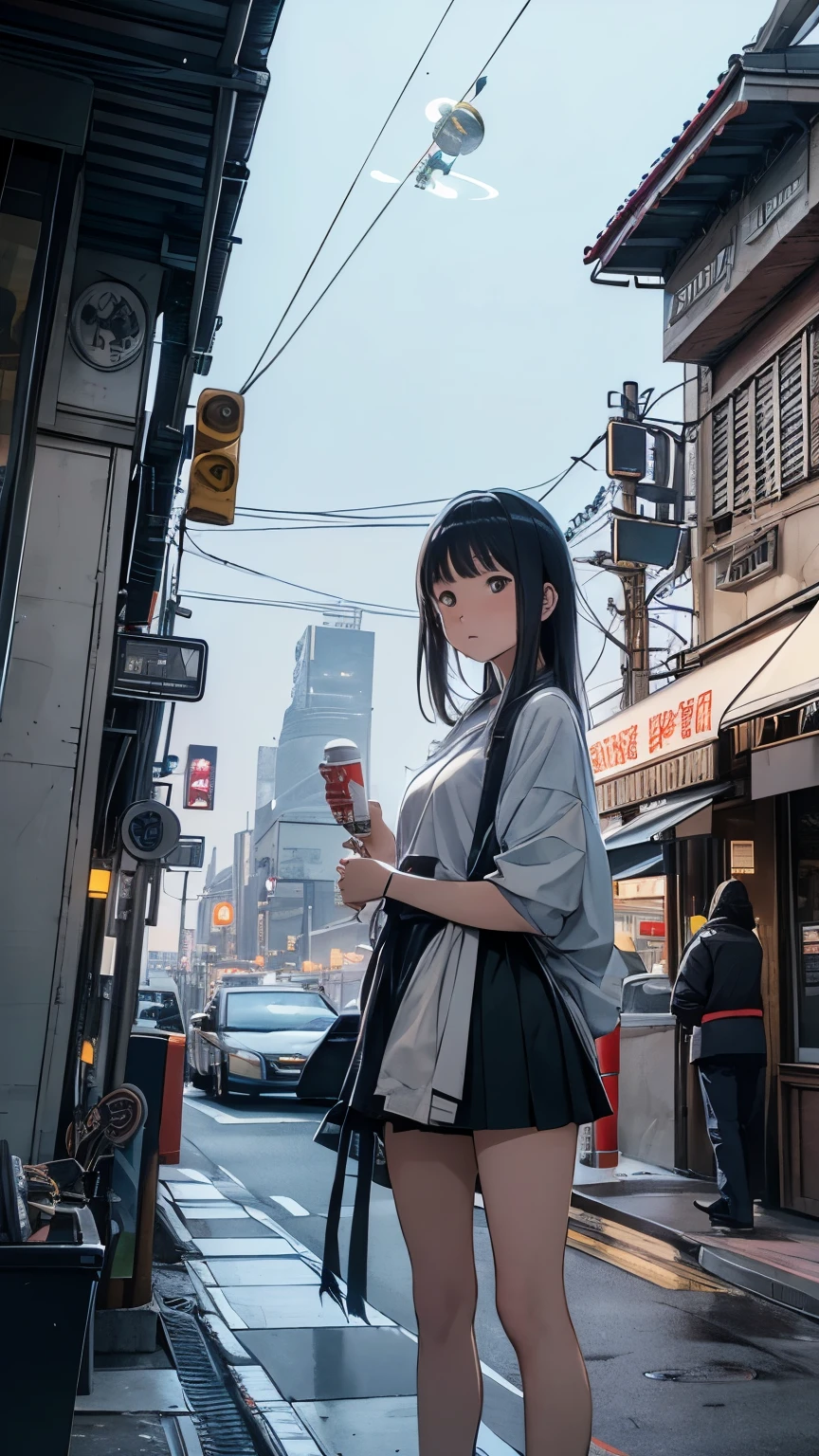 Yuji Kamosawa, Takeo Takei, Akira Yasuda, Jean Giraud, Satoshi Urushihara, Surrealism, wonder, bizarre, bizarre, fantasy, Sci-fi fantasy, anime, passing a beautiful lady in a miniskirt of the moon, perfect voluminous body, on a street corner, smoking a cigarette at a small cafe, neon tubes, Saturn's rings, soda water, a movie projector, detailed masterpiece low high angles hand coloured line drawings Hyper realistic cinematic lighting sharp focus cute coquettish shy embarrassing blushing zoom in