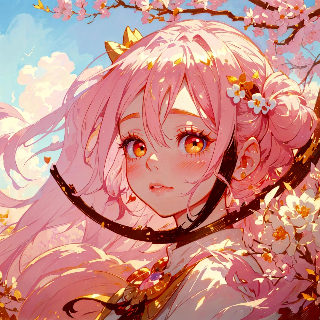 Close-up of a beautiful girl with pink hair and golden eyes,Double ponytails,Long eyelashes,Golden eye shadow,A light blush on the lips。Her hands touch her face,Her fingers are slender,And beautiful long nails。Pastel colors are used for surreal portraiture and fantasy illustrations。Ethereal background provides a cute cartoon design,Gently illuminates the dreamlike picture,Digital art technique showing detailed brush strokes in high resolution in the style of a fantasy illustrator