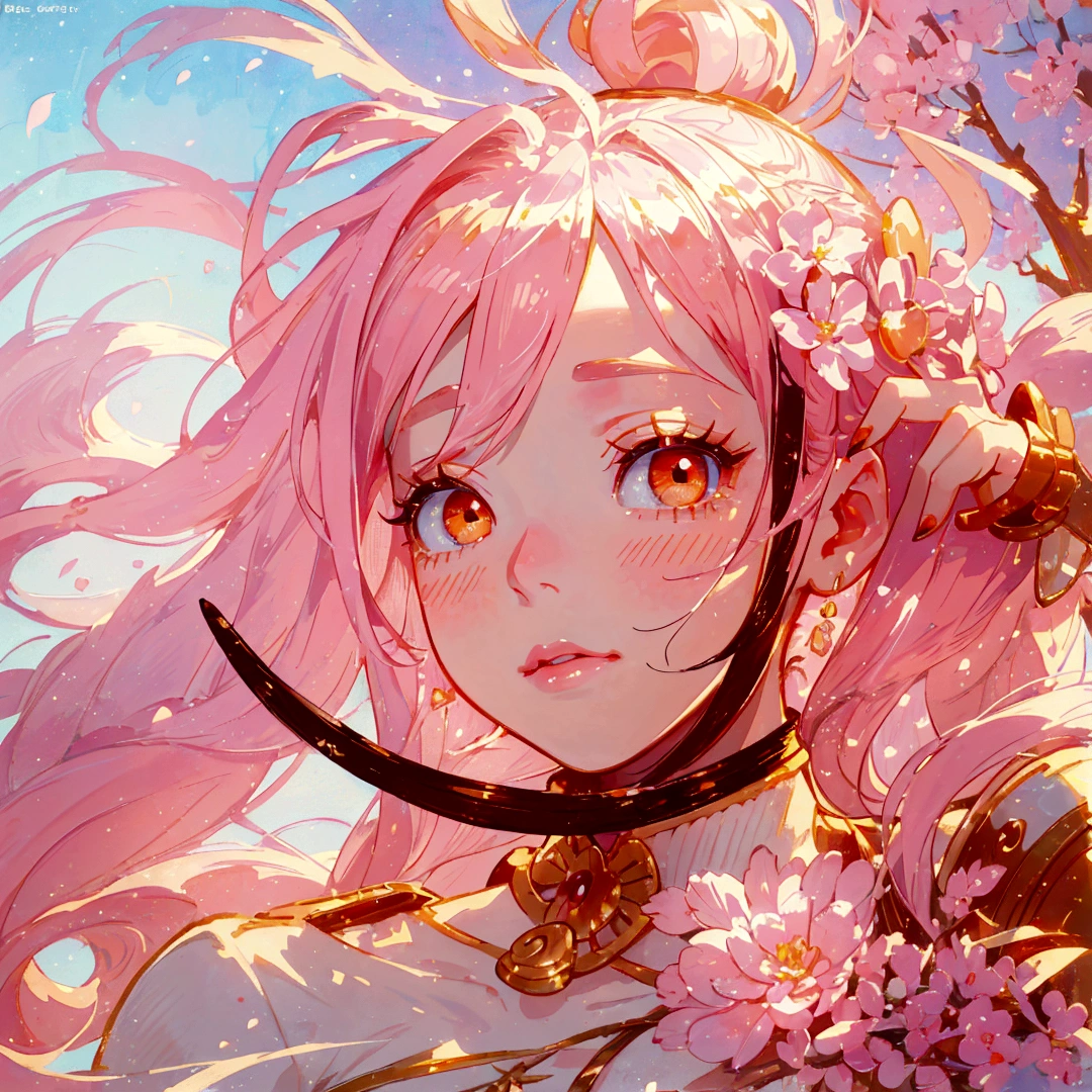 Close-up of a beautiful girl with pink hair and golden eyes，Double ponytails，Long eyelashes，Golden eye shadow，A light blush on the lips。Her hands touch her face，Her fingers are slender，And beautiful long nails。Pastel colors are used for surreal portraiture and fantasy illustrations。Ethereal background provides a cute cartoon design，Gently illuminates the dreamlike picture，Digital art technique showing detailed brush strokes in high resolution in the style of a fantasy illustrator