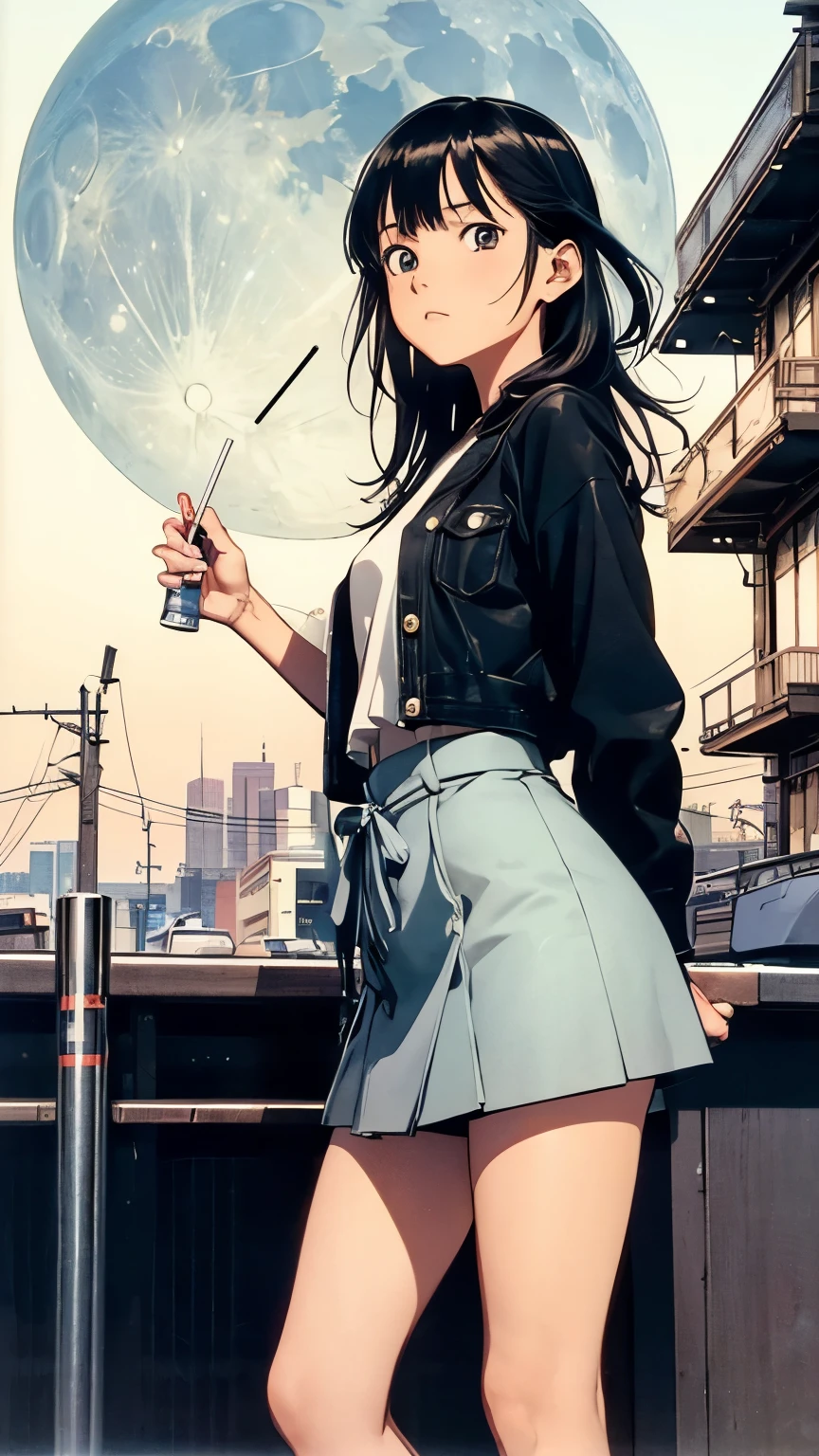 Yuji Kamosawa, Takeo Takei, Akira Yasuda, Jean Giraud, Satoshi Urushihara, Surrealism, wonder, bizarre, bizarre, fantasy, Sci-fi fantasy, anime, passing a beautiful lady in a miniskirt of the moon, perfect voluminous body, on a street corner, smoking a cigarette at a small cafe, neon tubes, Saturn's rings, soda water, a movie projector, detailed masterpiece low high angles hand coloured line drawings Hyper realistic cinematic lighting sharp focus cute coquettish shy embarrassing blushing zoom in 