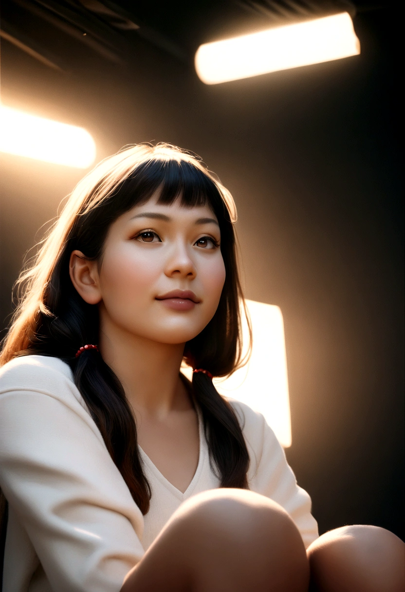 ((of the highest quality, 8K,Raw photo)), (Realistic, Photorealistic: 1.37), (Face Focus: 1.1), Small breasts, flat chest, Longhaire, A Japanese Lady、20yr old、Japan idol system、(white sweatshirt: 1.1)、Skirt, Sitting, Arms up, From below, Sunlight, Movie Lighting,realistic smile, good-looking, 
