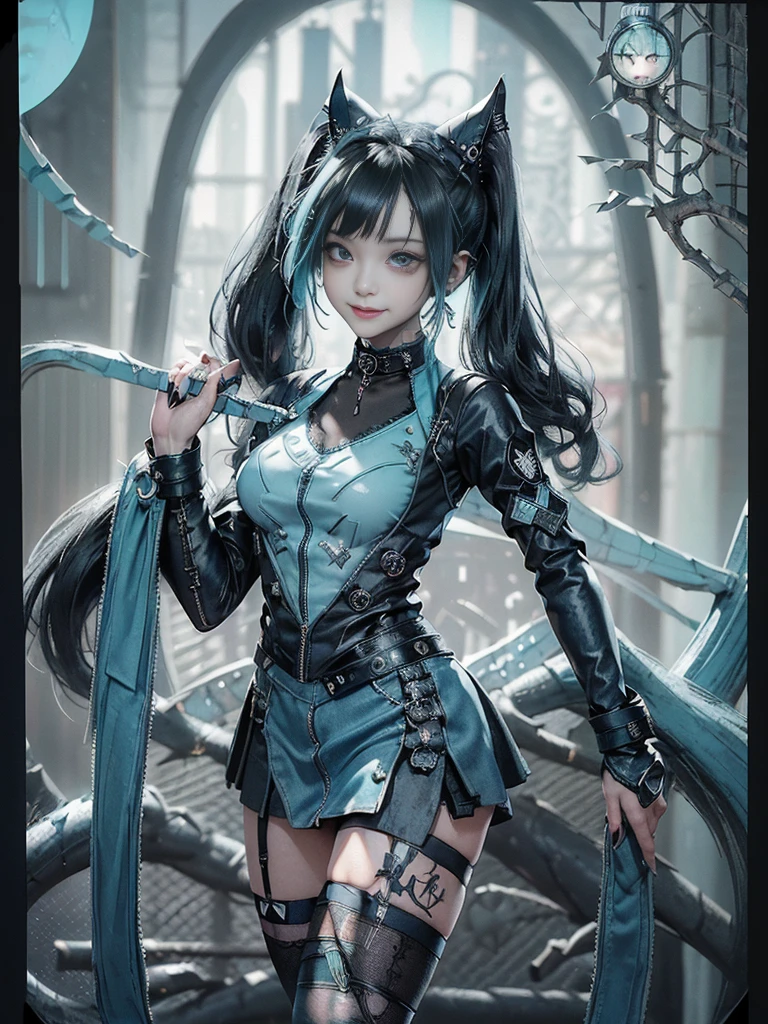 (Full body view:1.4)、(Full Body View:1.3)、(Side view:1.1)、(Smiling with teeth showing:1.3),(Shibuya Gal:1.5)、(Maid café clerk:1.5)、(Punk RockVisual Kei:1.4)、(Turquoise, navy and denim medieval noble zip up:1.5)、(Navy and white arm covers and micro mini skirt:1.5)、(Blue high heels:1.3)、(Wearing silver accessories:1.5)、(Dark brown collar:1.4)、(Leather garter belt:1.4)、(Brown Skin Belt:1.3)、(Black lace underwear:1.5)、20-year-old、NSFW、((Highest quality、In 8K、masterpiece:1.3))、Sharp focus:1.2、(Layered Cut、Huge boobs:1.1),Beautiful woman with perfect figure:1.4、(Doing an aerobics pose:1.3)、Slender Abs:1.2、Highly detailed face and skin texture、Detailed eyes、double eyelid,(Twin tails:1.3)、(Black Hair:1.3)、Gravure idol、(A fairytale-like cafe with a lush tree background:1.3)、(Slim body:1.3),(Make your legs thinner:1.4),(Thin, thin thighs:1.3)、(clavicle:1.1)