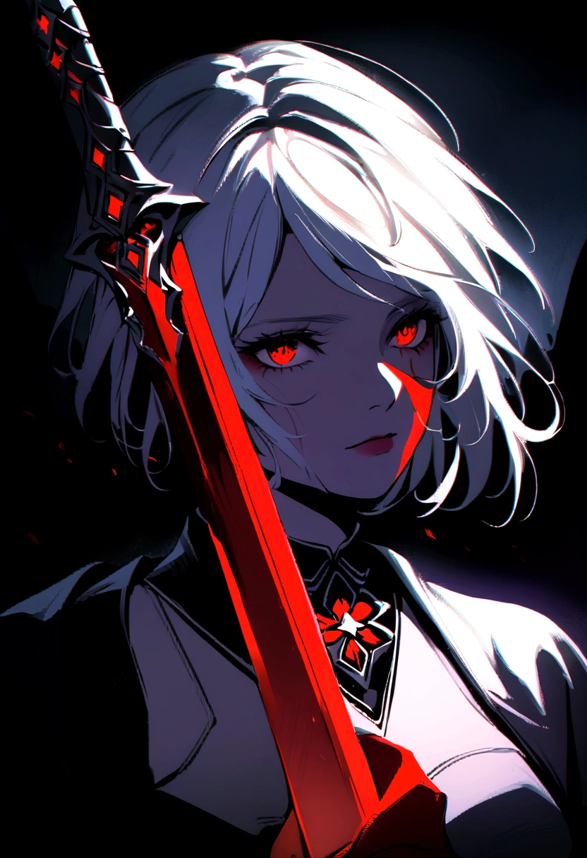 a woman with white hair with red streaks, a neutral facial expression, detailed red eyes, holding a large red sword, in a dark place, detailed facial features, dramatic lighting, moody atmosphere, cinematic composition, high contrast, digital painting, fantasy, dark fantasy, dramatic, mystical
