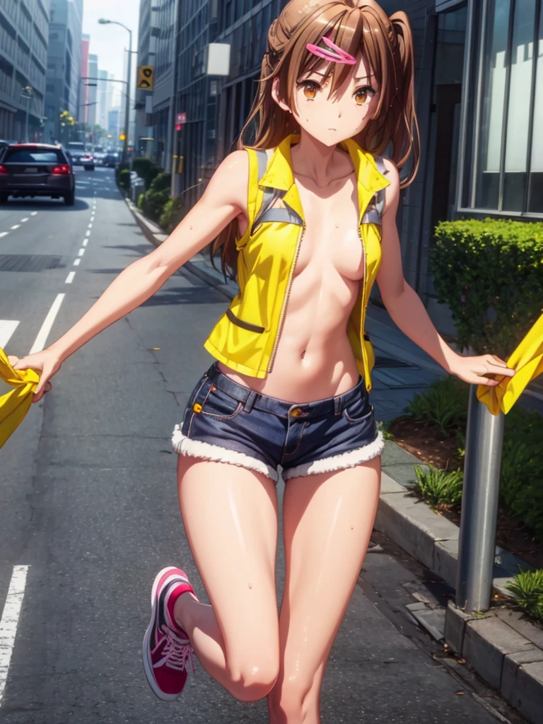 Girl, short short, Unbuttoned safety Reflective vest on a naked body , You can see her breasts, Road works background , openlegs, Bare chest, small breast, slim body, slim legs, wet body, Sneakers