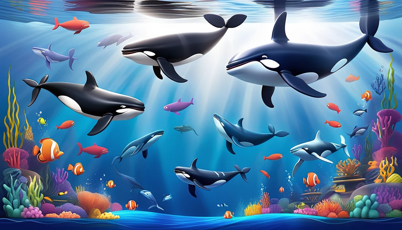 Create a 3-D Pixar style art scene for kids featuring various whales like blue whales, humpback whales, and orcas. The scene should be colorful and vibrant, with an ocean background, coral reefs, and schools of fish. The overall mood should be engaging and inviting for young children.