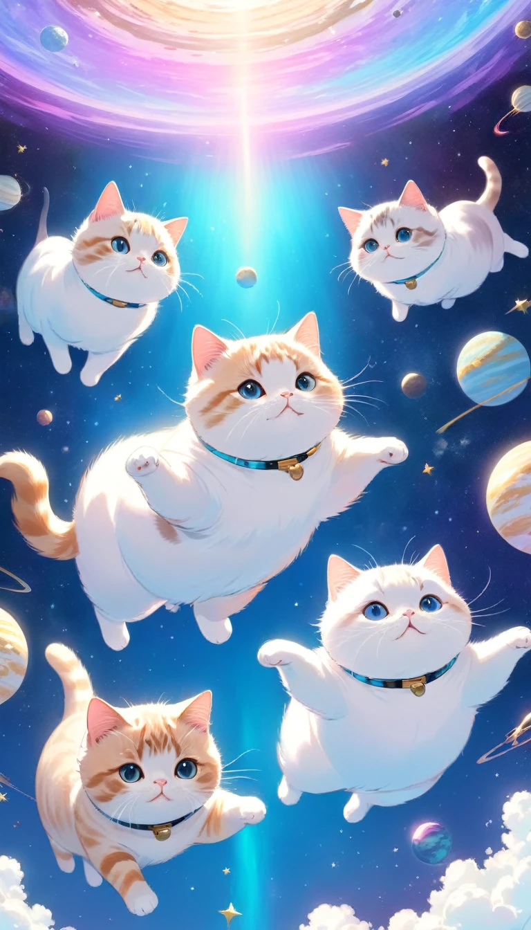 best quality, super fine, 16k, 2.5D, delicate and dynamic depiction, cute plump cats floating around, Infinite space, fantasy wonderland, zero gravity, cute pastel textures, pop art effects