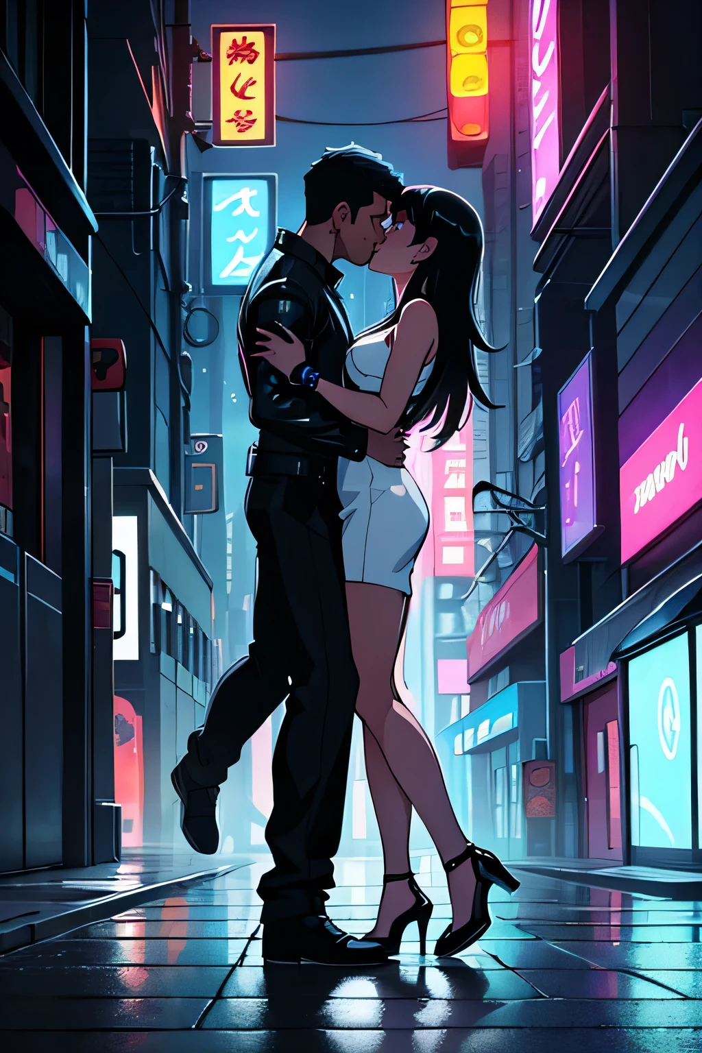 cartoon style more cyberpunk Man and woman in hot erotic scene, man standing, woman kneeling unzipping, em um shopping, pop art, neo noir, comic