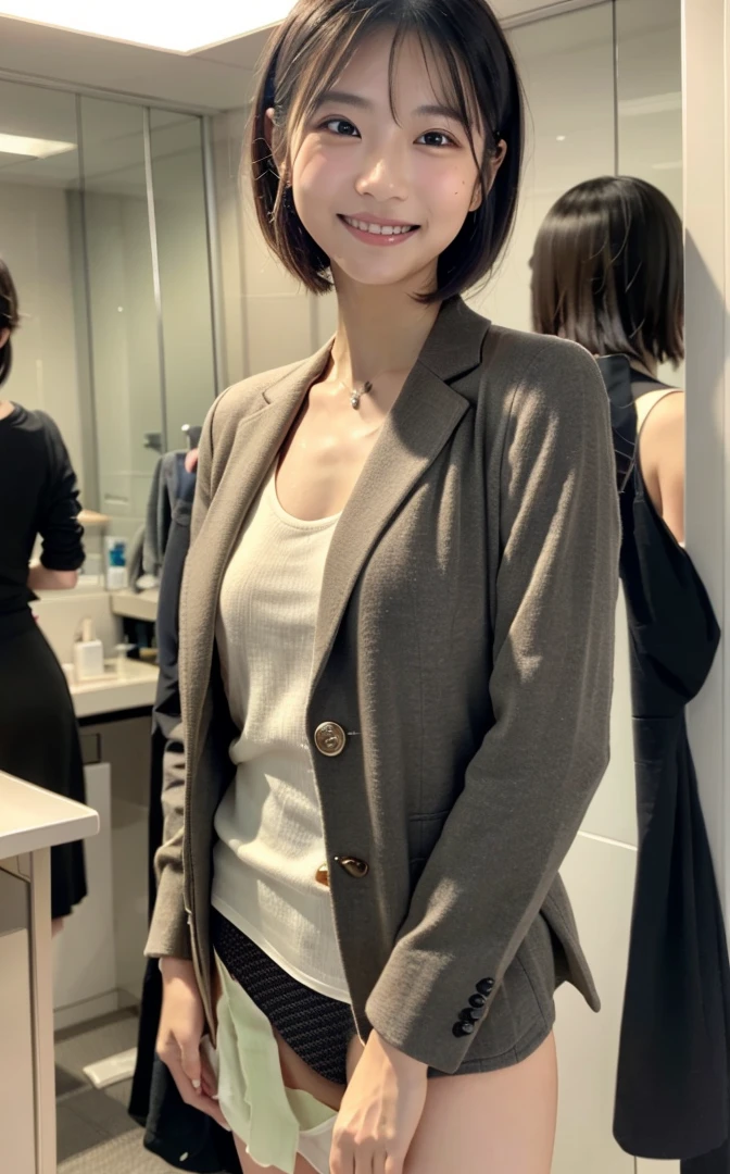 （（（Inside the company）））、Wearing a business jacket,look at the camera with a smile、（Panties:1.5）、woman, 20-year-old, Short Hair,私のPantiesを露出させてください...、(レースのPantiesー)、(Tilt your head a little)、Detailed skin、Detailed skin、Detailed Sweat