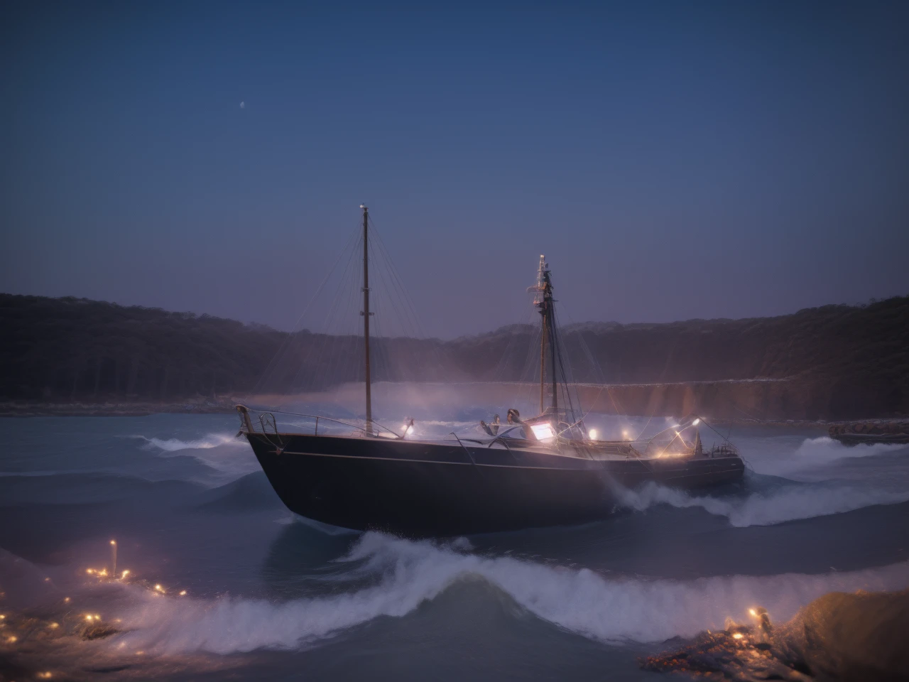 The lights from the town made the shape of a ginat yacht that glides through the ink-black waves. The deck, adorned with teak and moon-kissed dew, cradles stories whispered by the wind.