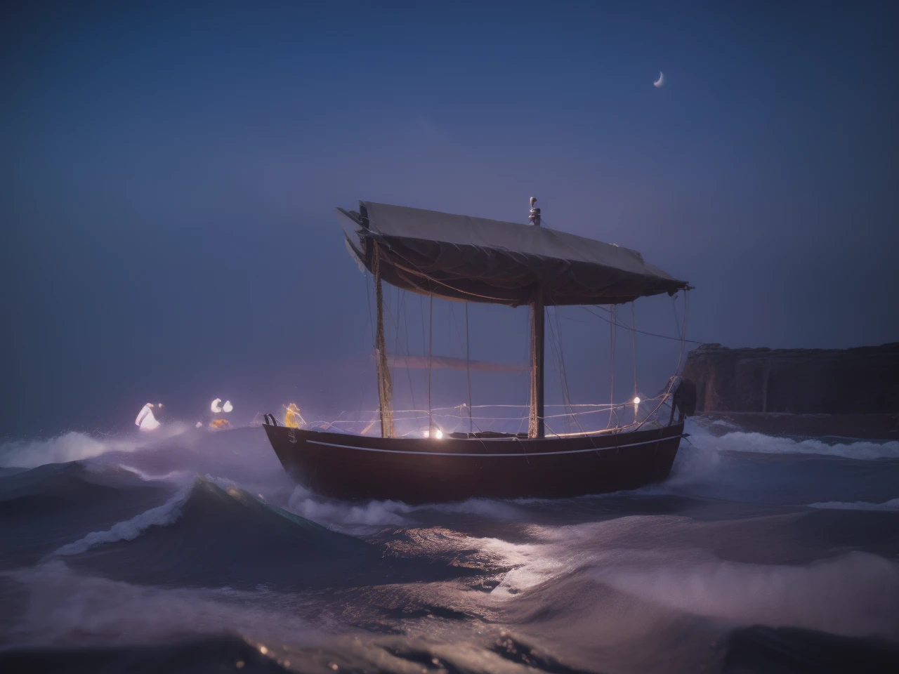 The lights from the town made the shape of a ginat yacht that glides through the ink-black waves. The deck, adorned with teak and moon-kissed dew, cradles stories whispered by the wind.