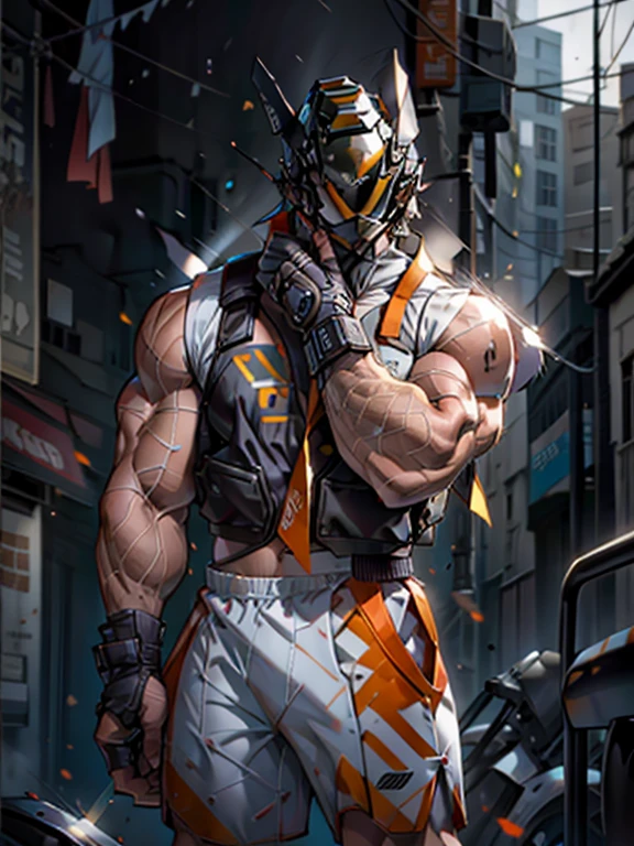 A man in a white tight vest,His tight muscles can be seen from the shape of the vest,Lean forward,Showing off his strong physique,Wear loose shorts,Asian face shape,Chainsaw in hand,Side Light,Run-down neighborhood,(Wearing a round white helmet),There is a smiley face on the helmet with a single tentacle,Sleeveless vest,Show your shoulders,Wearing a helmet,Wearing a helmet,Wearing a helmet,Wearing a helmet,Wearing a helmet,Wearing a helmet,Wearing a helmet,Wearing a helmet,Wearing a helmet,Wearing a helmet,Wearing a helmet