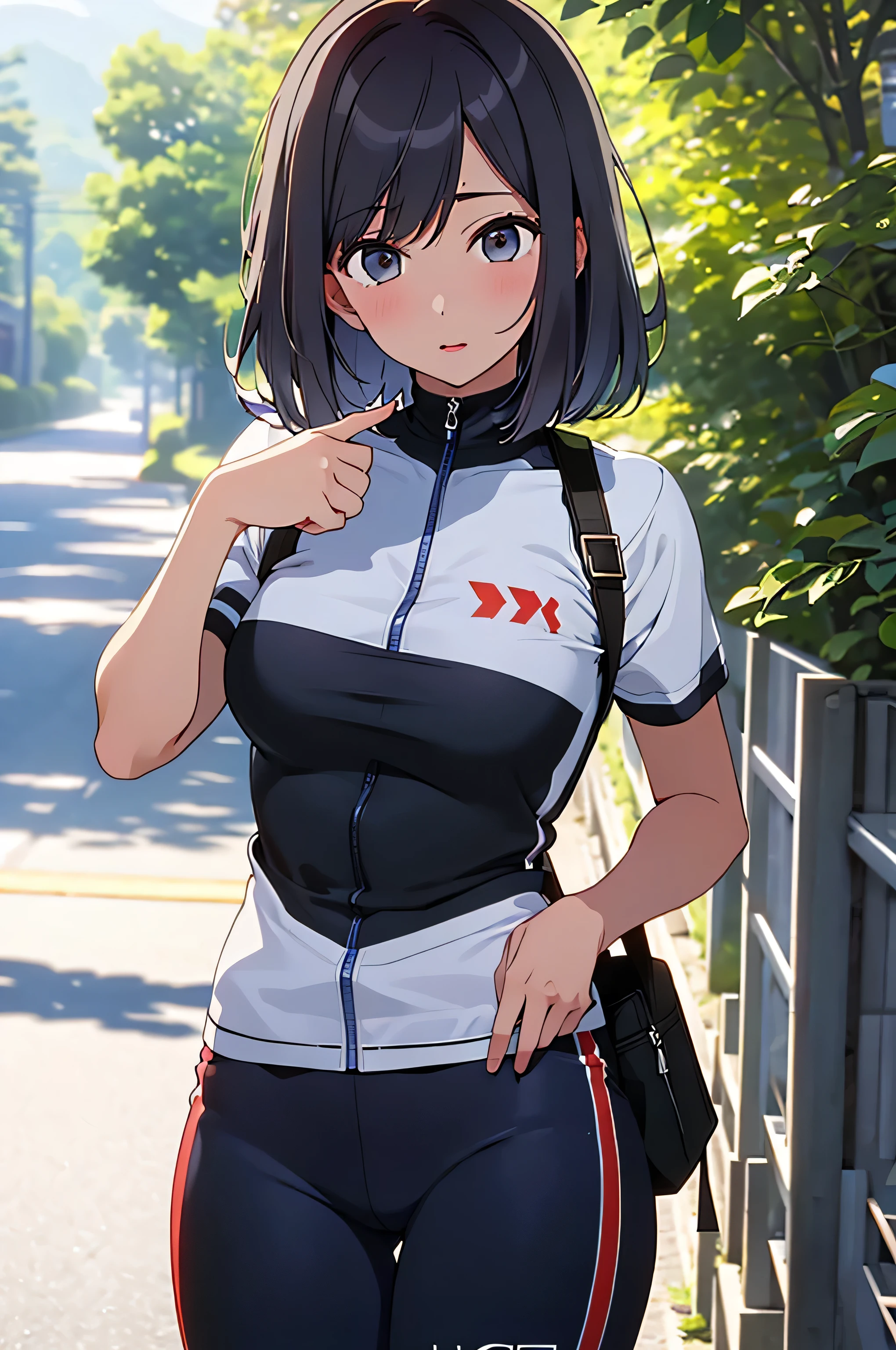 25-years-old, sexy girl, solo, brown hair、looking at the viewer, small face, Beauty, thumbs up, one person, short sleeve cycling jersey, cycling half pants, mountain road, blue sky, (Akane Kurokawa:1), (slim:1) , midium breast